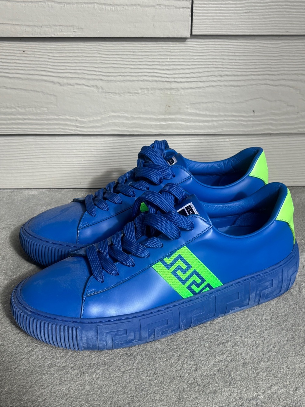 Versace Royal Blue Green Accented Runway Sneakers Size 8.5
